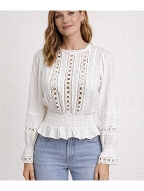 Lush White Eyelet Lace Blouse Small Boho Peasant Smocked Waist Romantic Cottage